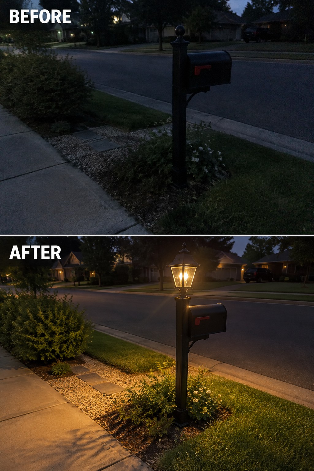 Before and after of black mailbox post with glowing lantern on suburban street at night