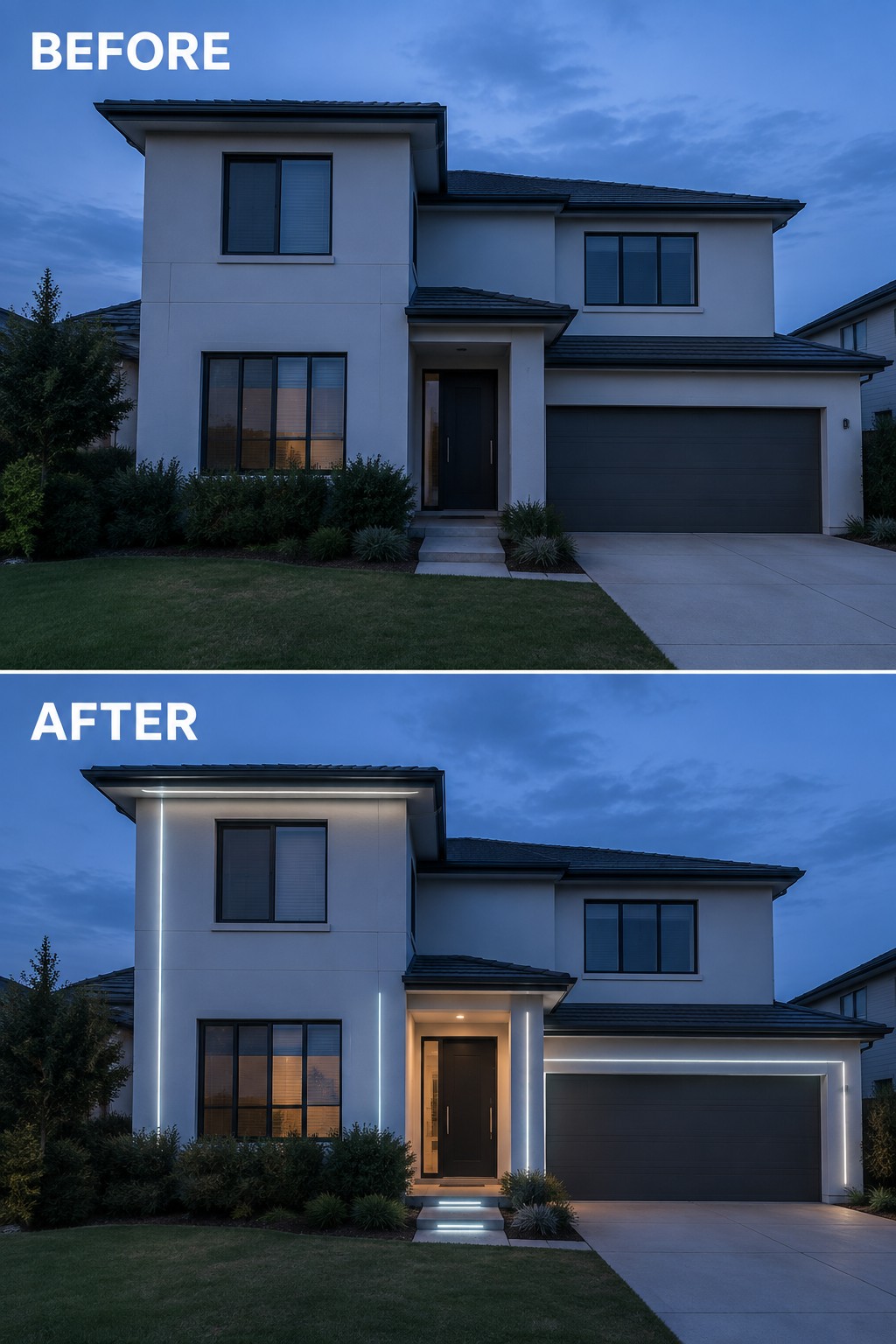 Before and after of modern house with added vertical LED architectural lighting at dusk.