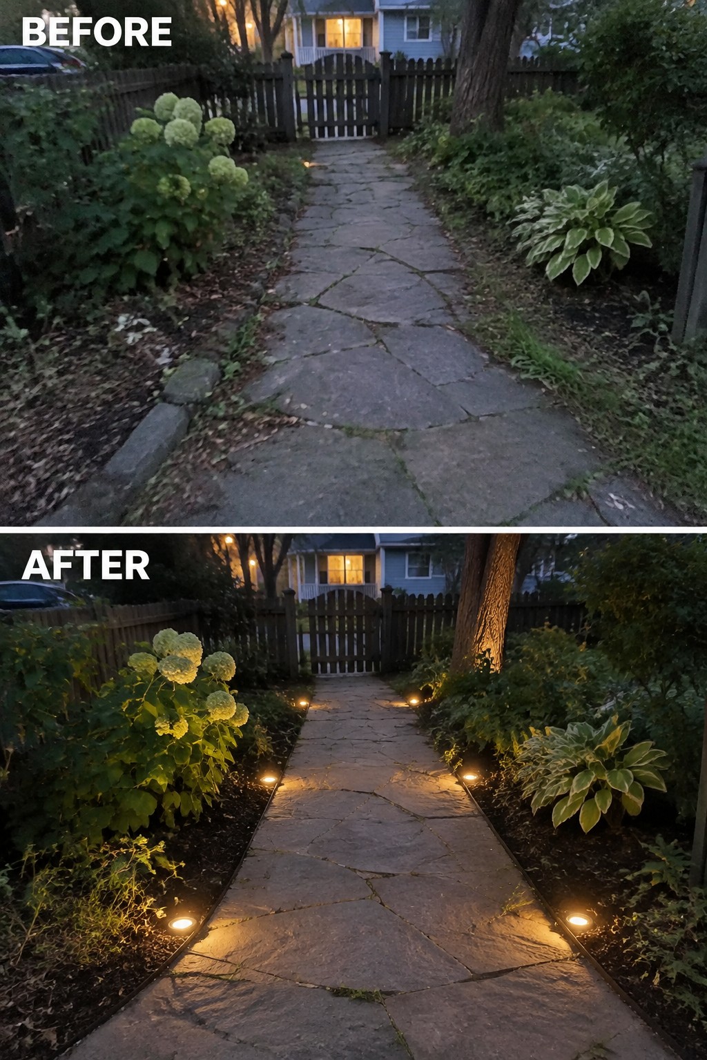 Before-and-after image of a stone garden path with landscape lighting added along both edges.