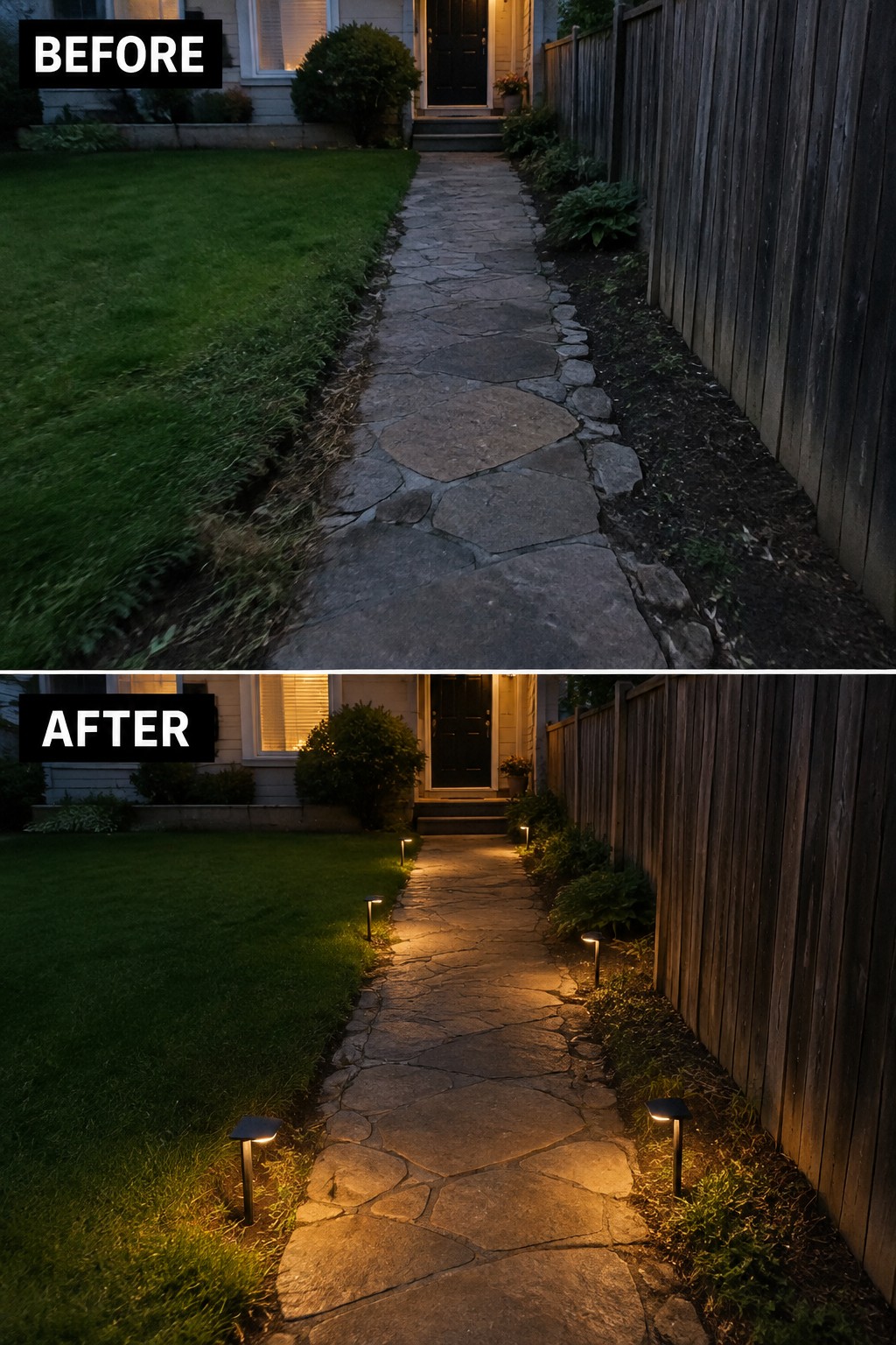 Before and after of dimly lit stone path enhanced with glowing solar lights at night.