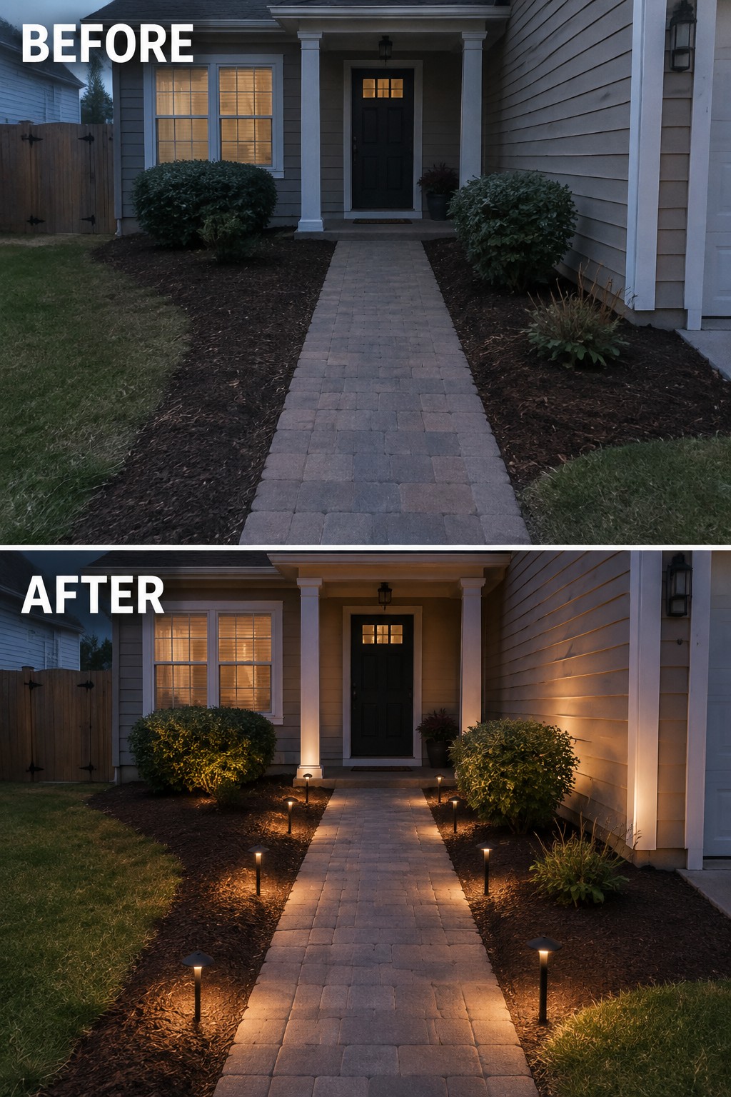 Before and after of house walkway with added pathway lights at night