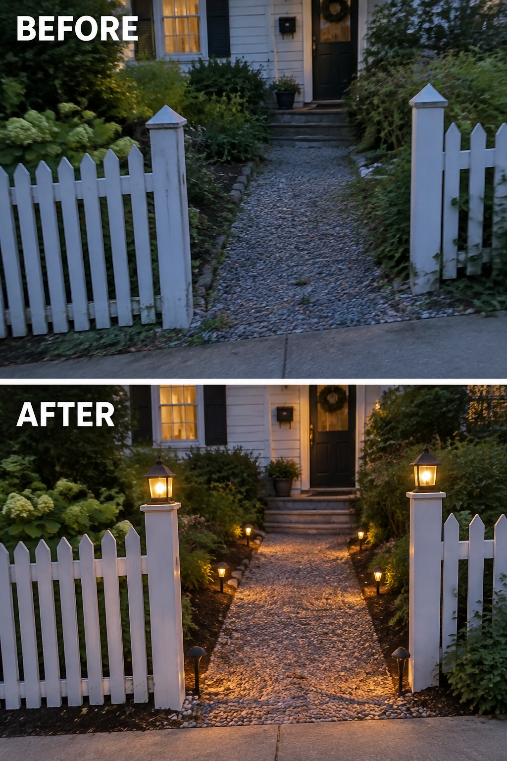 Before and after of gravel path to white house with added pathway lights.