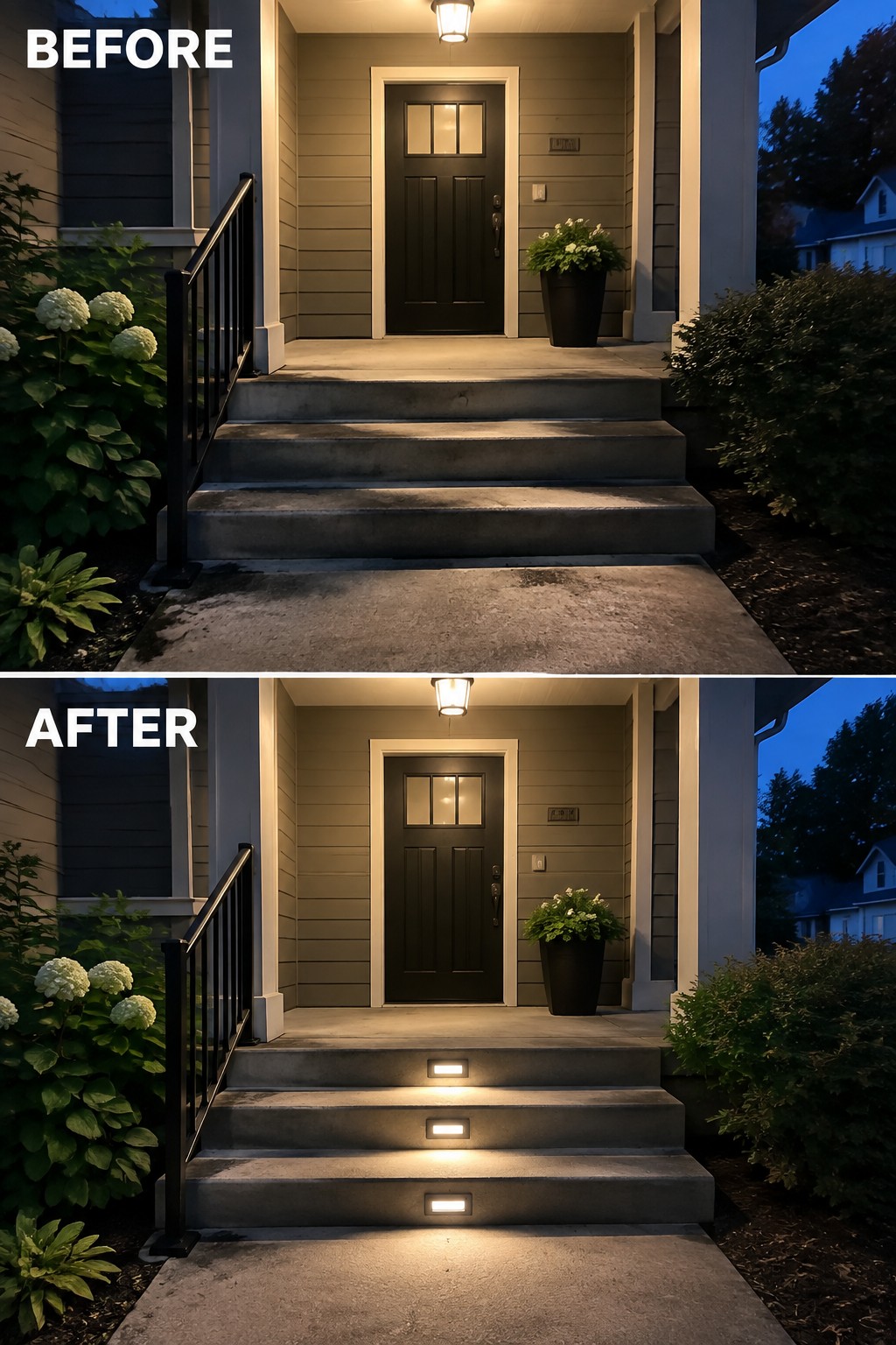 Before-and-after image of a house front entrance showing dark concrete steps before and the same steps with recessed lighting added after.