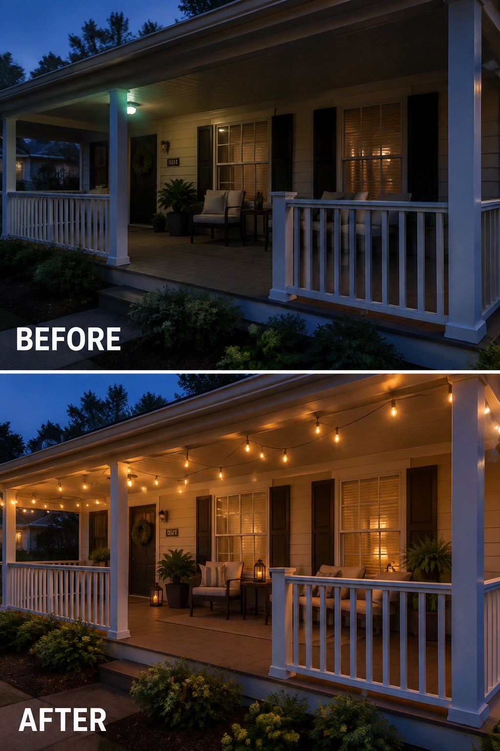 Before-and-after image of a front porch updated with string lights, lanterns, and additional seating to create a cozy evening space.