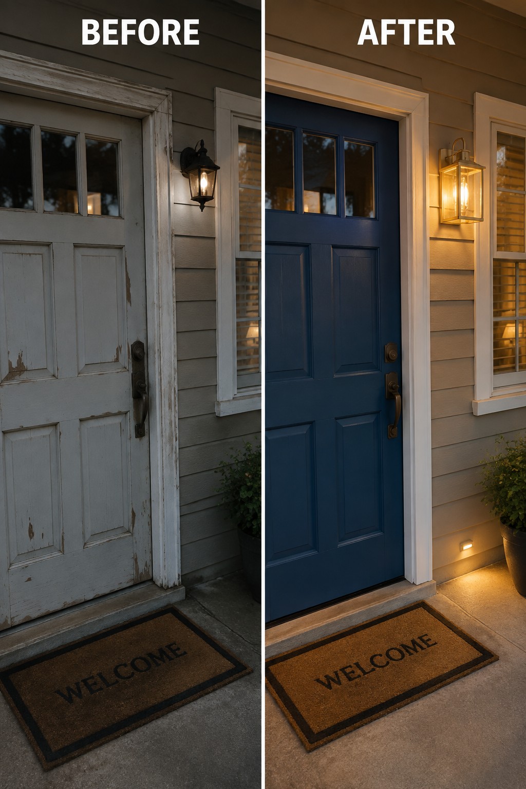 Before and after of front door repainted from white to blue with updated lighting.