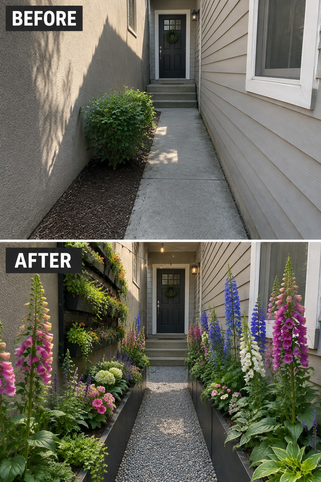 Before-and-after image of a plain concrete side path transformed with long black planters filled with colorful flowers on both sides and a gravel surface.