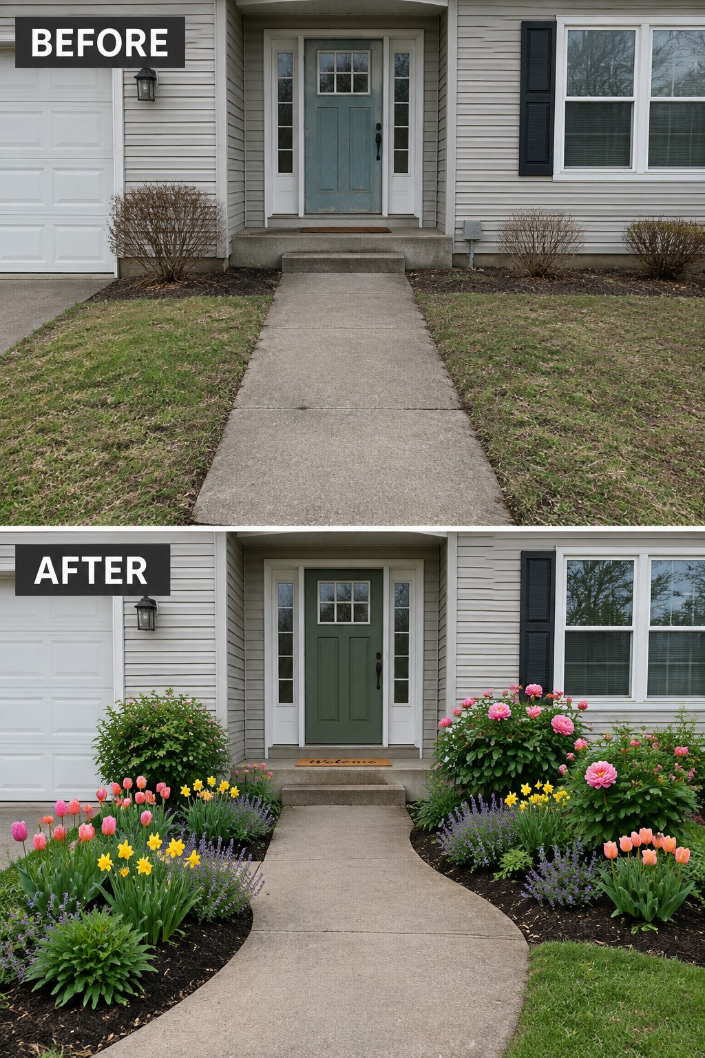 Before and after of house entrance with vibrant flower beds and curved walkway