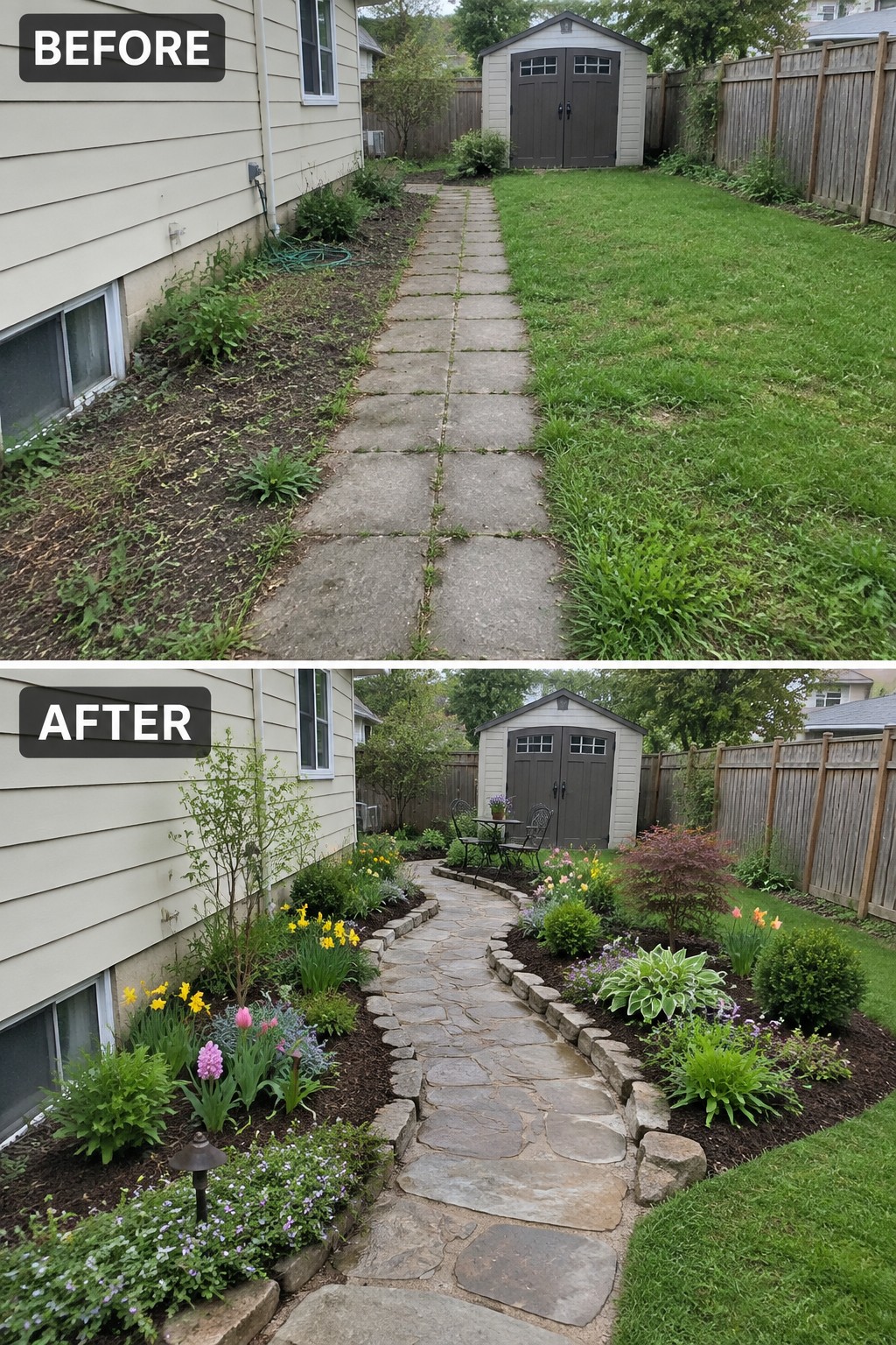 Before and after backyard with concrete path transformed into curved stone walkway and flower beds