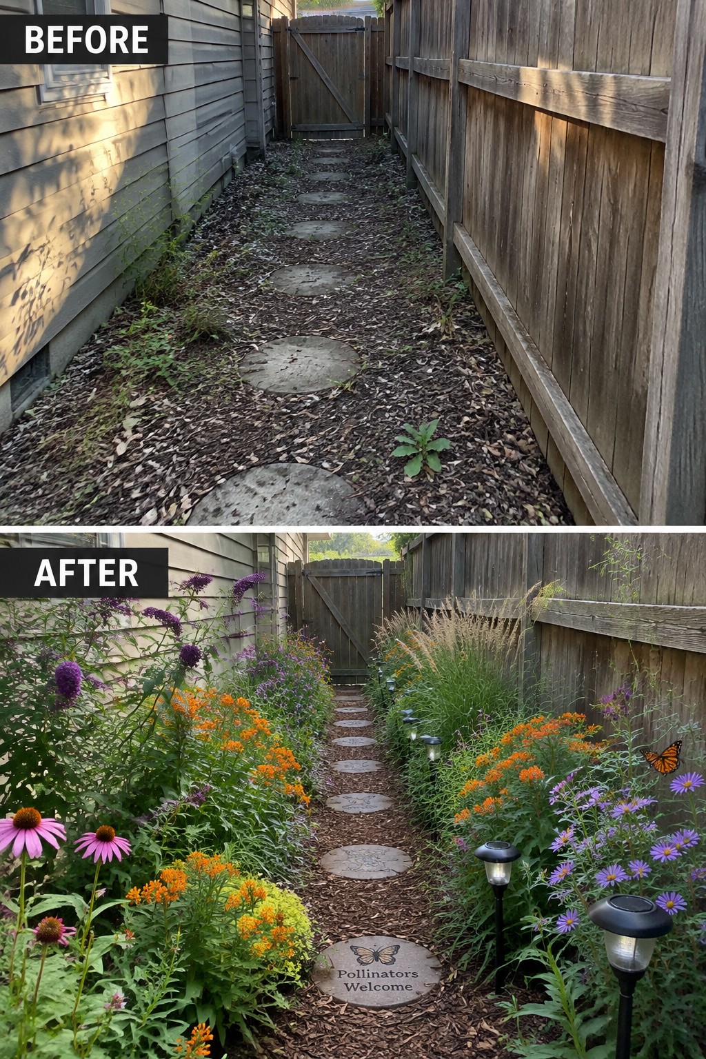 Before and after of overgrown path transformed into colorful flower garden with lights