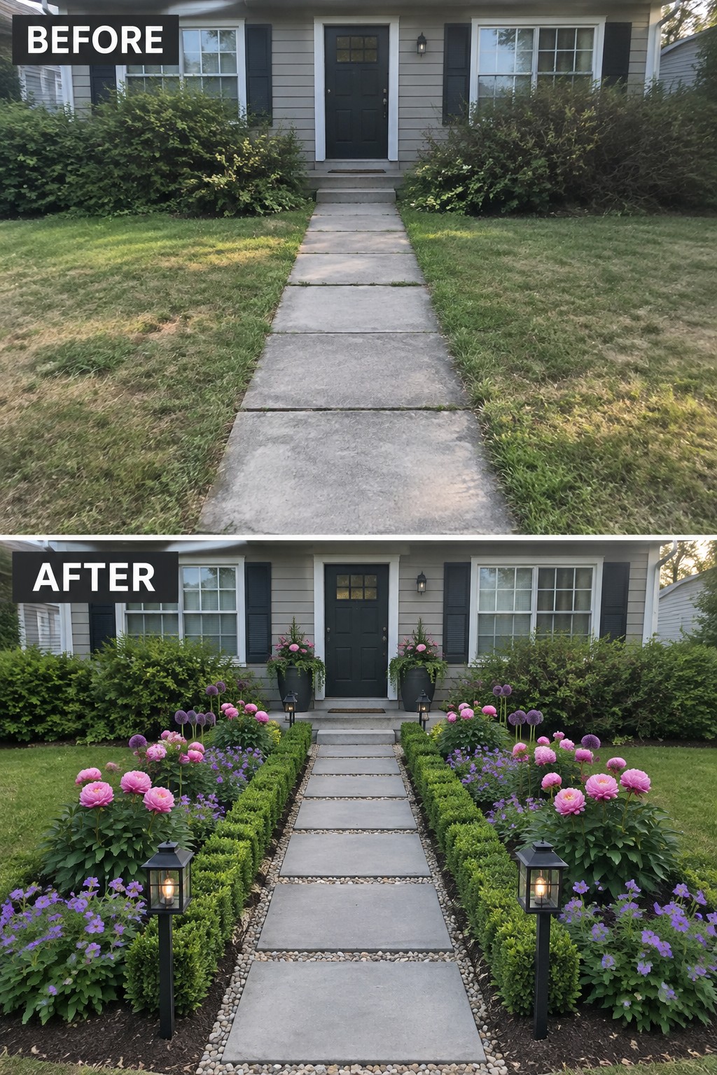 Before and after of front walkway enhanced with flower beds, hedges, and lanterns