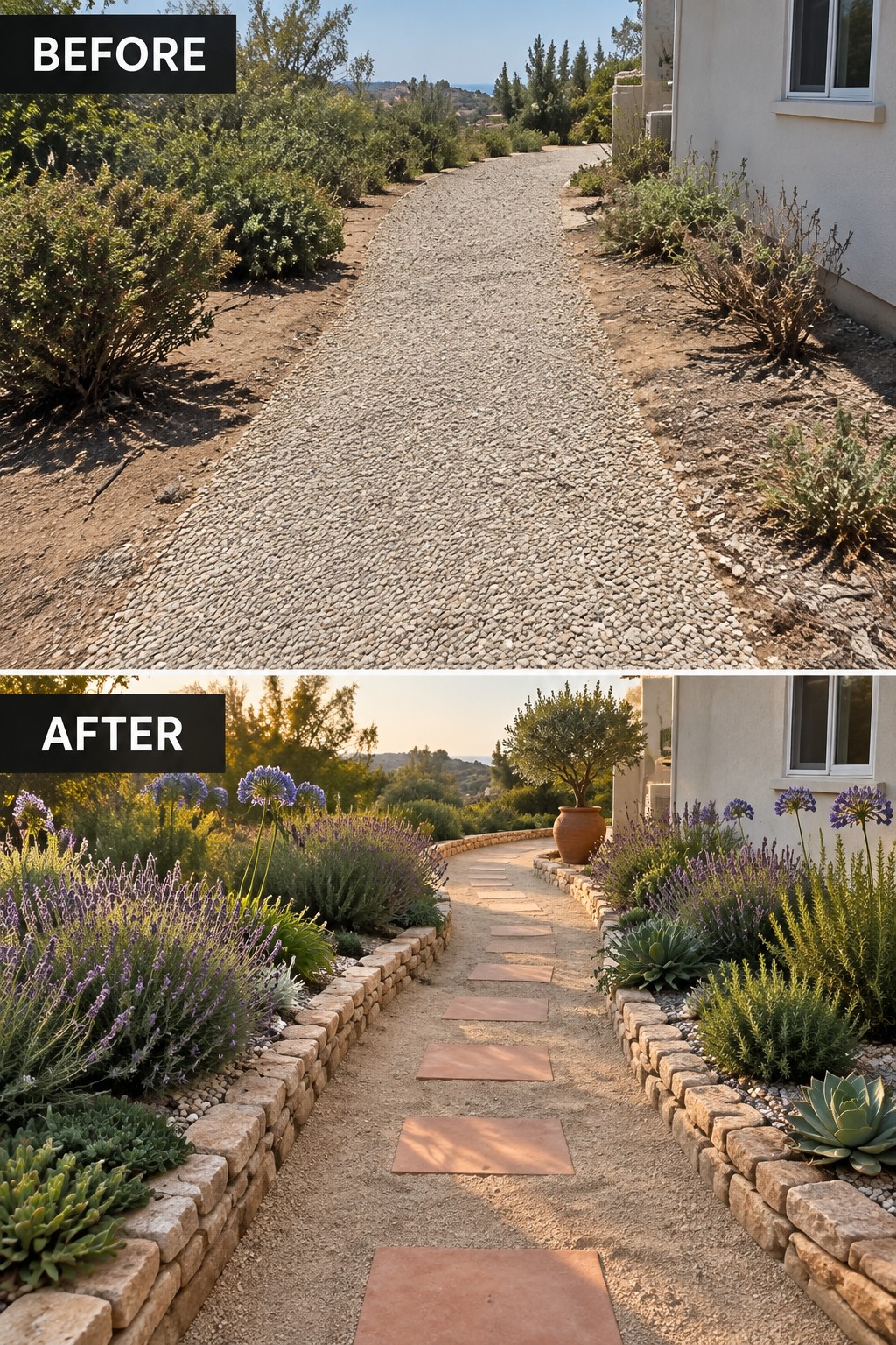 Before-and-after garden path: gravel replaced by stone pavers, walls and purple flowers.