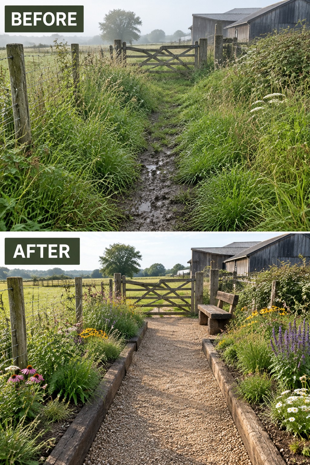 Before-and-after image of a muddy path through grass changed into a gravel walkway lined with wooden-edged flower beds.