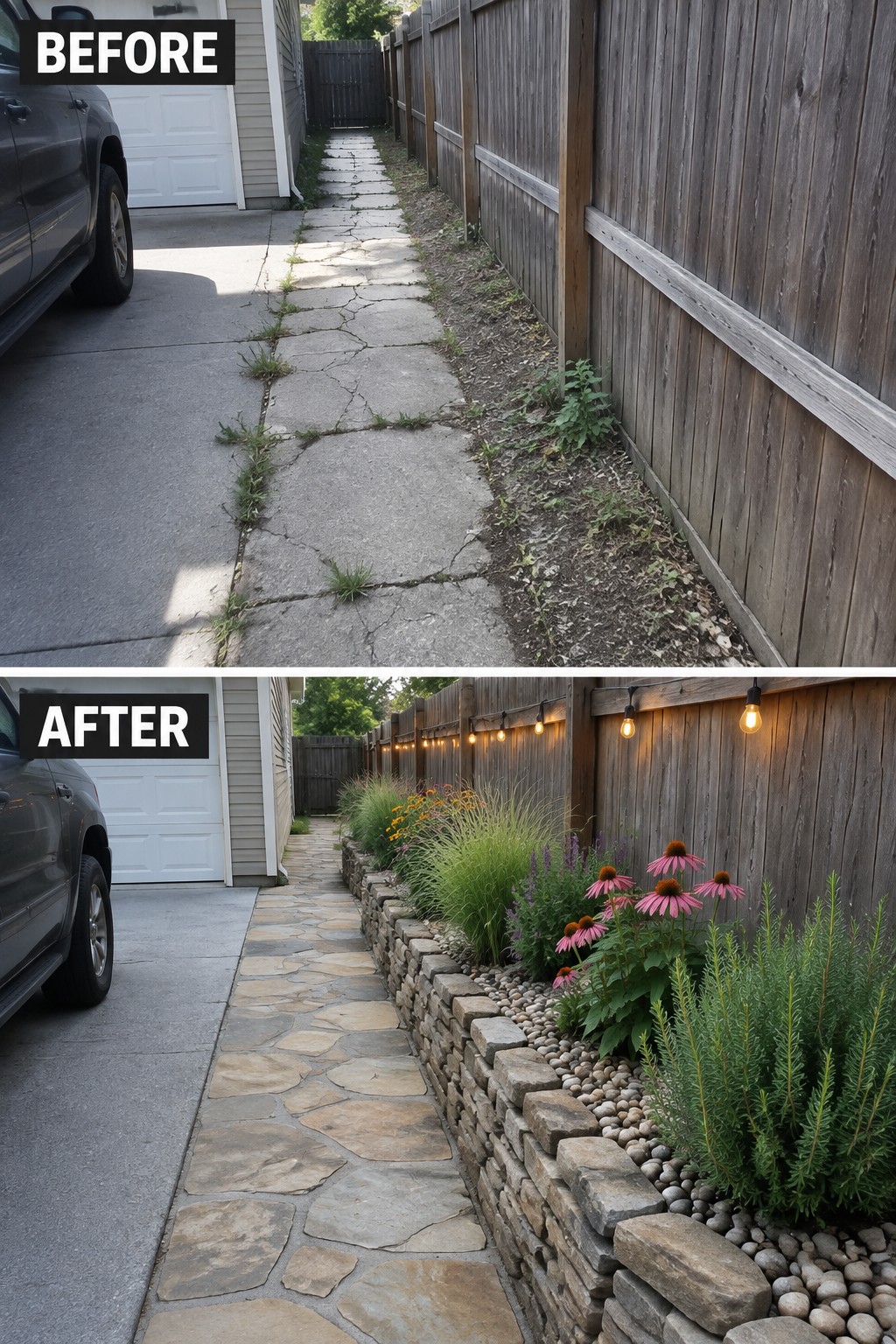 Before and after of cracked path transformed into stone walkway with flower garden and lights.