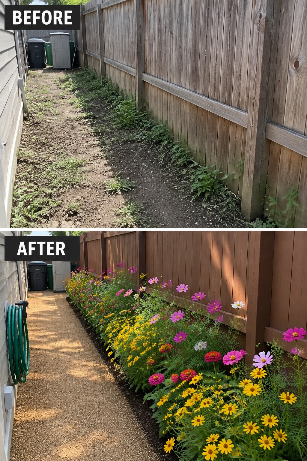 Before-and-after backyard fence line transformed from weedy dirt path to colorful flower bed and gravel walkway.