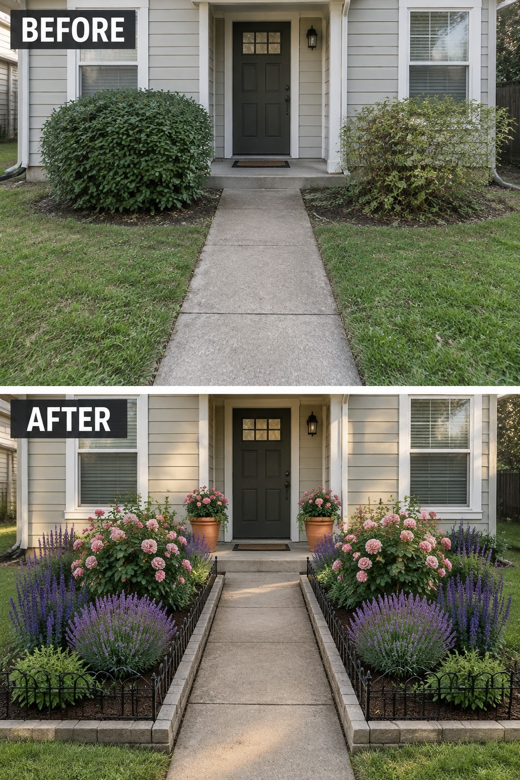 Before-and-after house entrance with plain lawn transformed into rose and lavender garden.