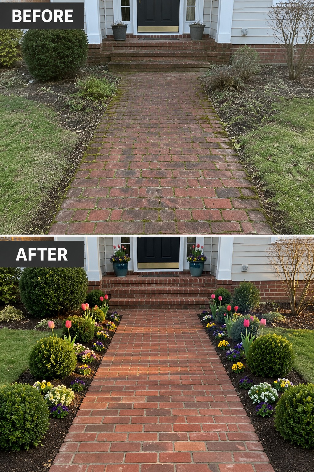 Before and after of mossy brick path transformed by colorful flower beds and mulch.
