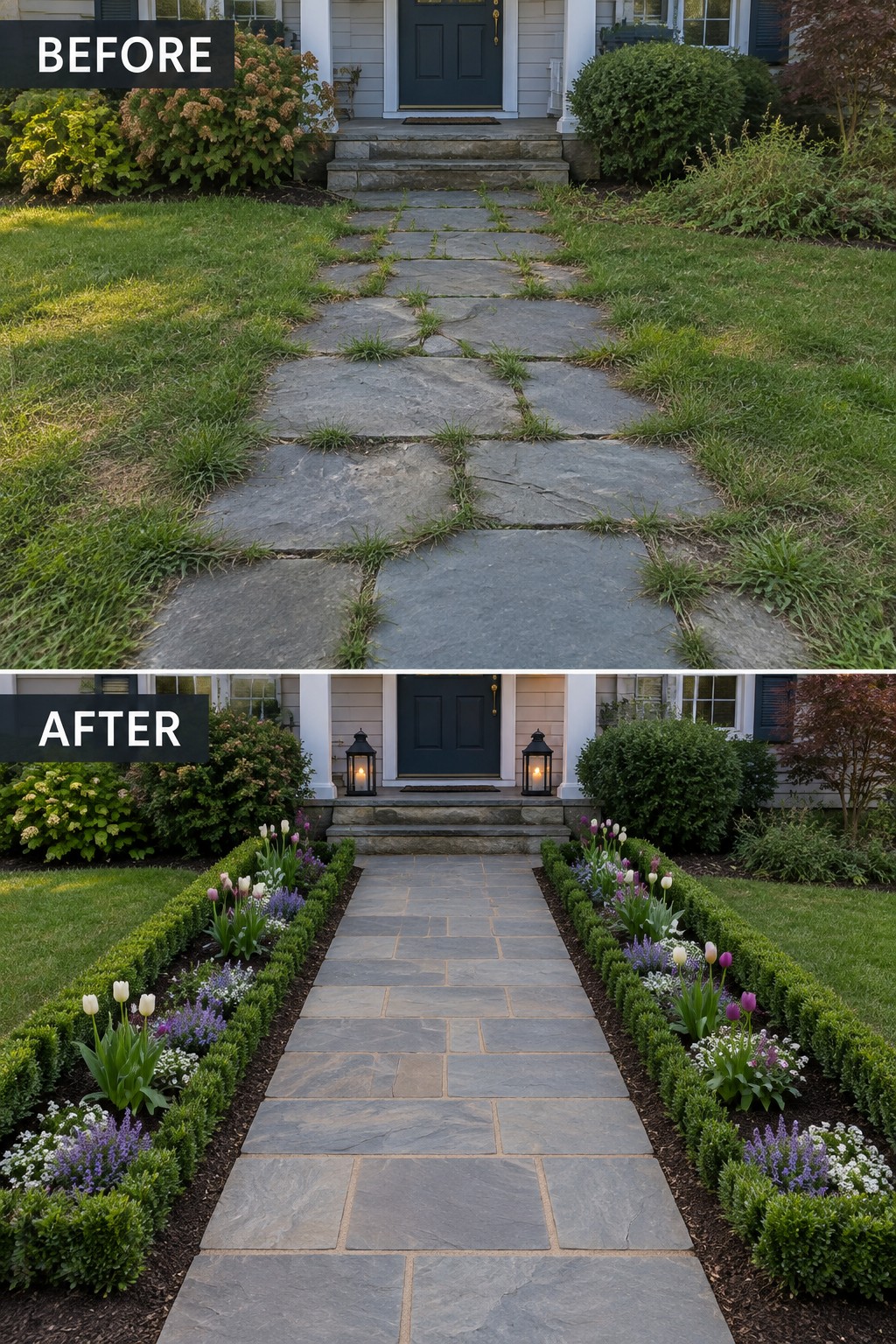 Before-and-after image of an overgrown stone pathway lined with neat garden beds and flowers on both sides.