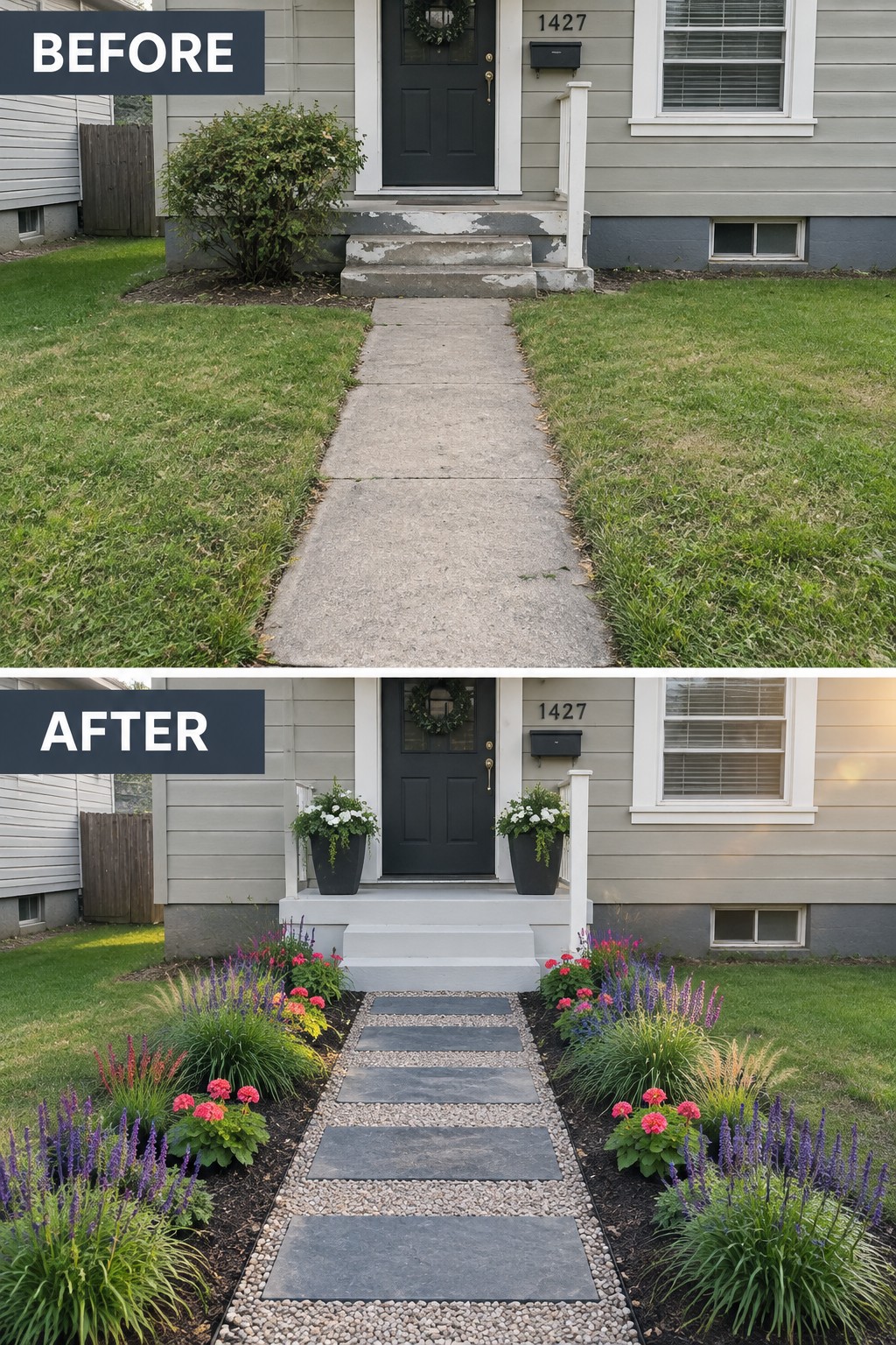 Before-and-after image of a concrete front walkway changed to stepping stones with gravel and planted flower beds on both sides.