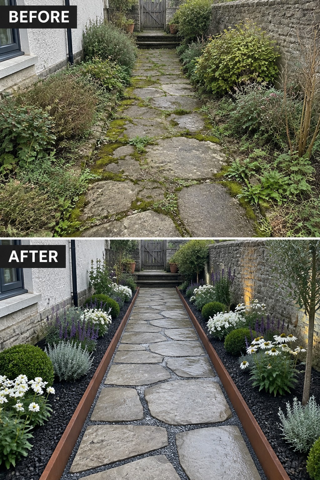 Before-and-after image of an overgrown stone pathway transformed with metal edging, gravel infill, and structured flower beds on both sides.