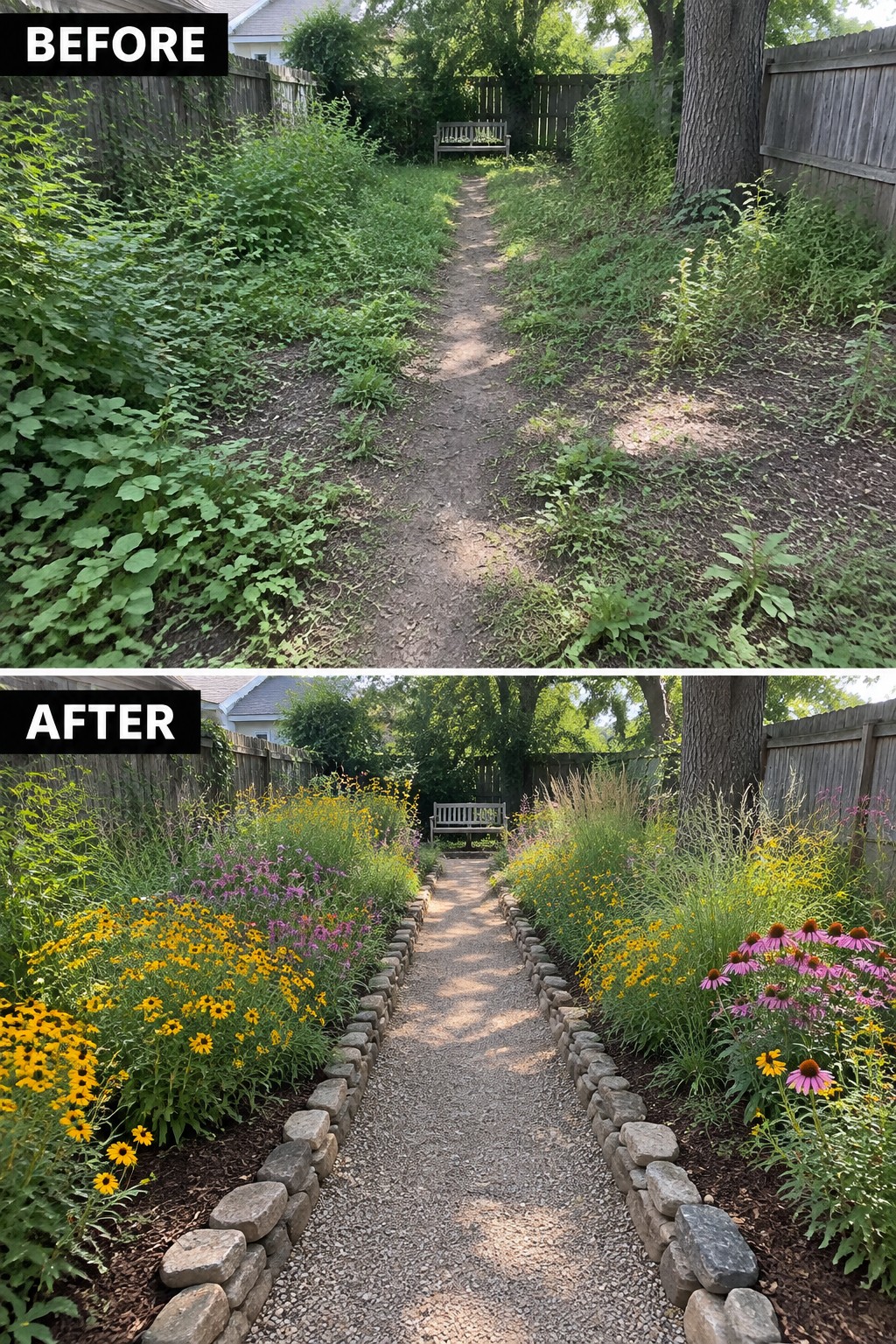 Before-and-after image of an overgrown backyard path transformed into a gravel walkway with stone-bordered flower beds on both sides.