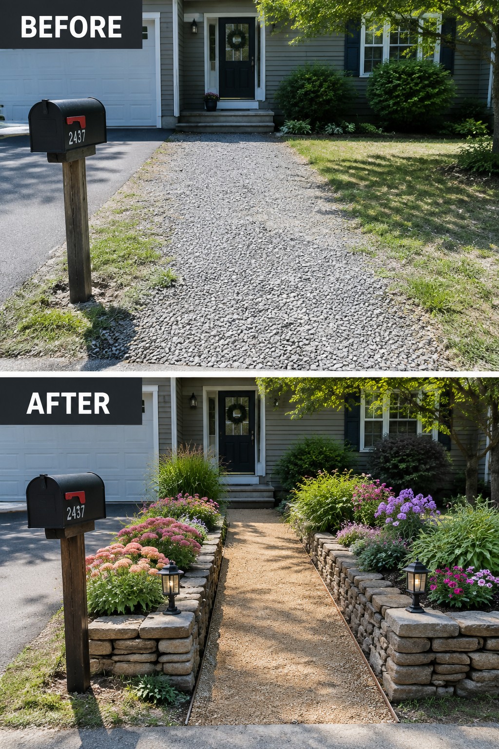 Before and after of a house entrance with gravel path turned into flower-lined stone walkway.