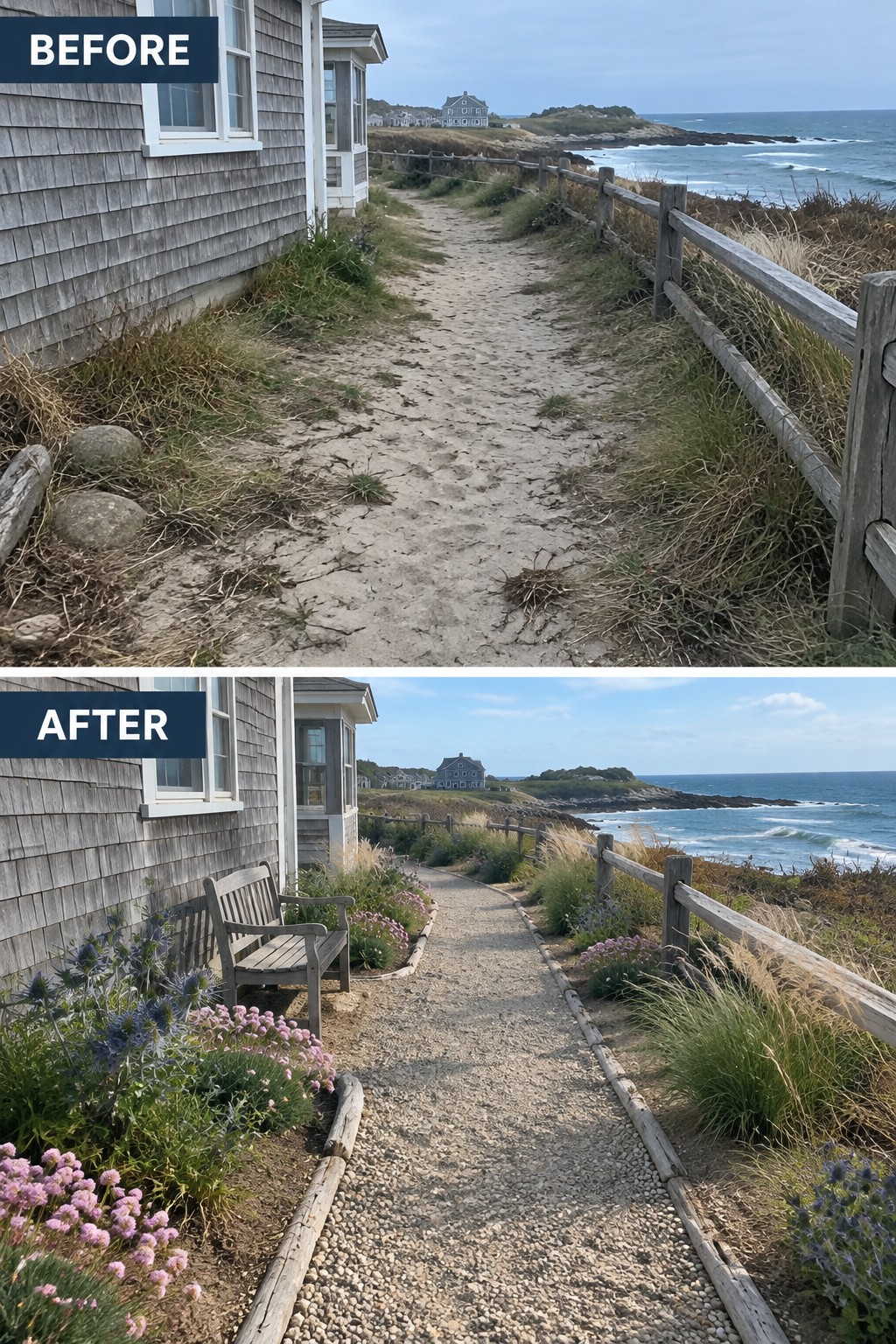 Before-and-after image of a sandy coastal path transformed with gravel, wooden edging, and planted flower beds beside a house.