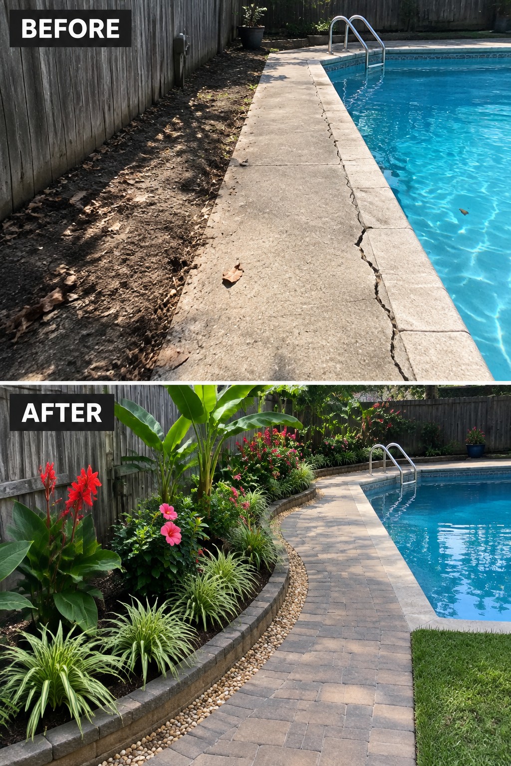 Before-and-after image of a cracked concrete path beside a pool changed into a curved paver walkway with planted flower beds and stone edging.