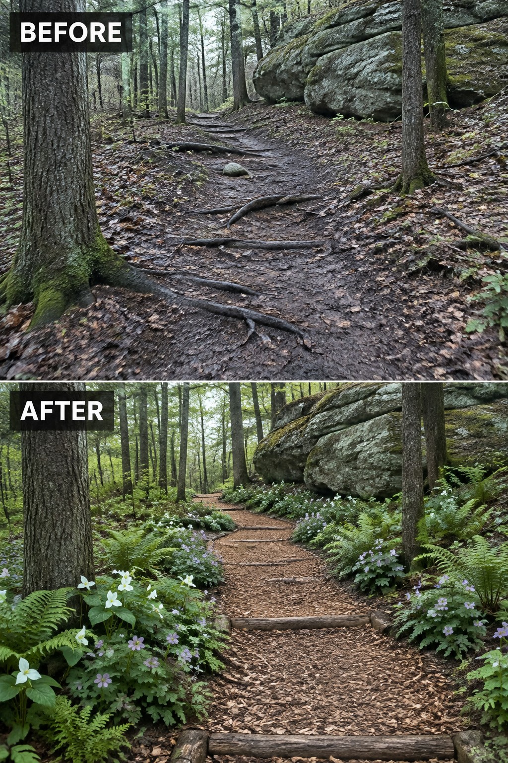 Before-and-after image of an overgrown forest path transformed into a defined walkway with wood chips, log edging, and bordering flower beds.