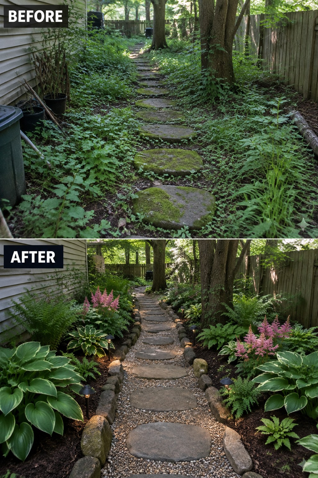 Before-and-after image of an overgrown backyard path changed into a defined walkway with stone stepping stones, gravel, rock edging, and planted garden beds.