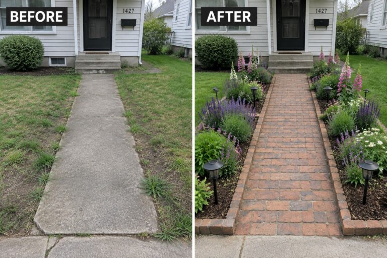 24 Beautiful Pathway Transformation Ideas Featuring Flower Beds Before-and-after of a front walkway: cracked concrete path upgraded to red brick with flower beds.