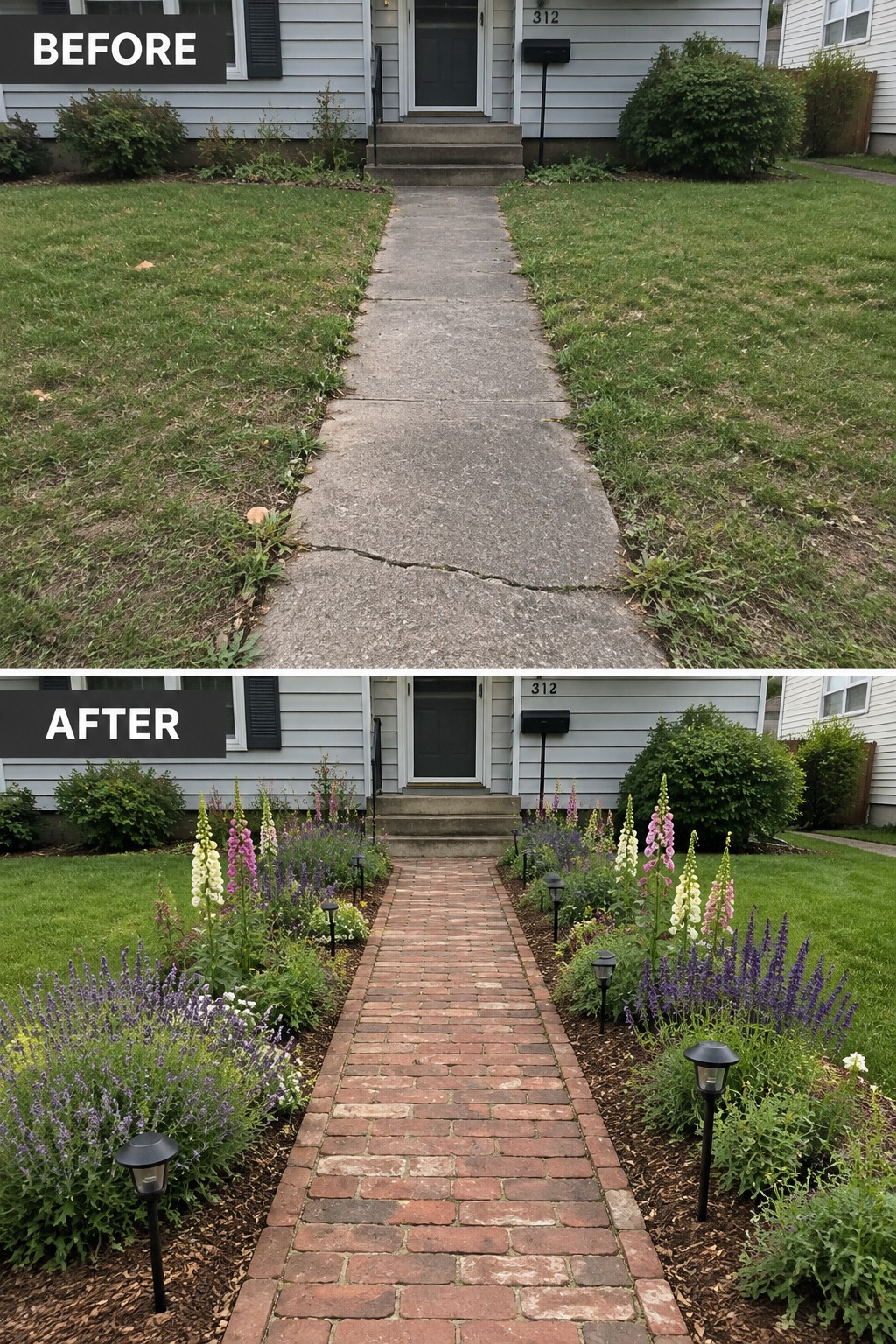 Before-and-after of a front walkway: cracked concrete path upgraded to red brick with flower beds.