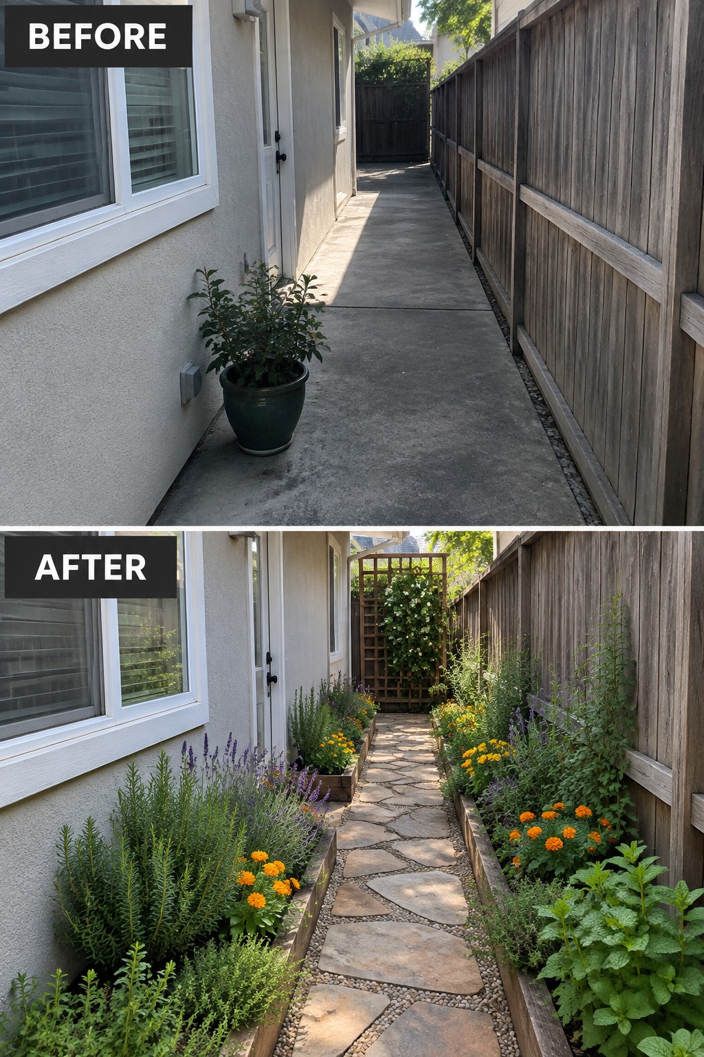 Before and after of bare concrete path transformed into lush stone garden walkway with flowers