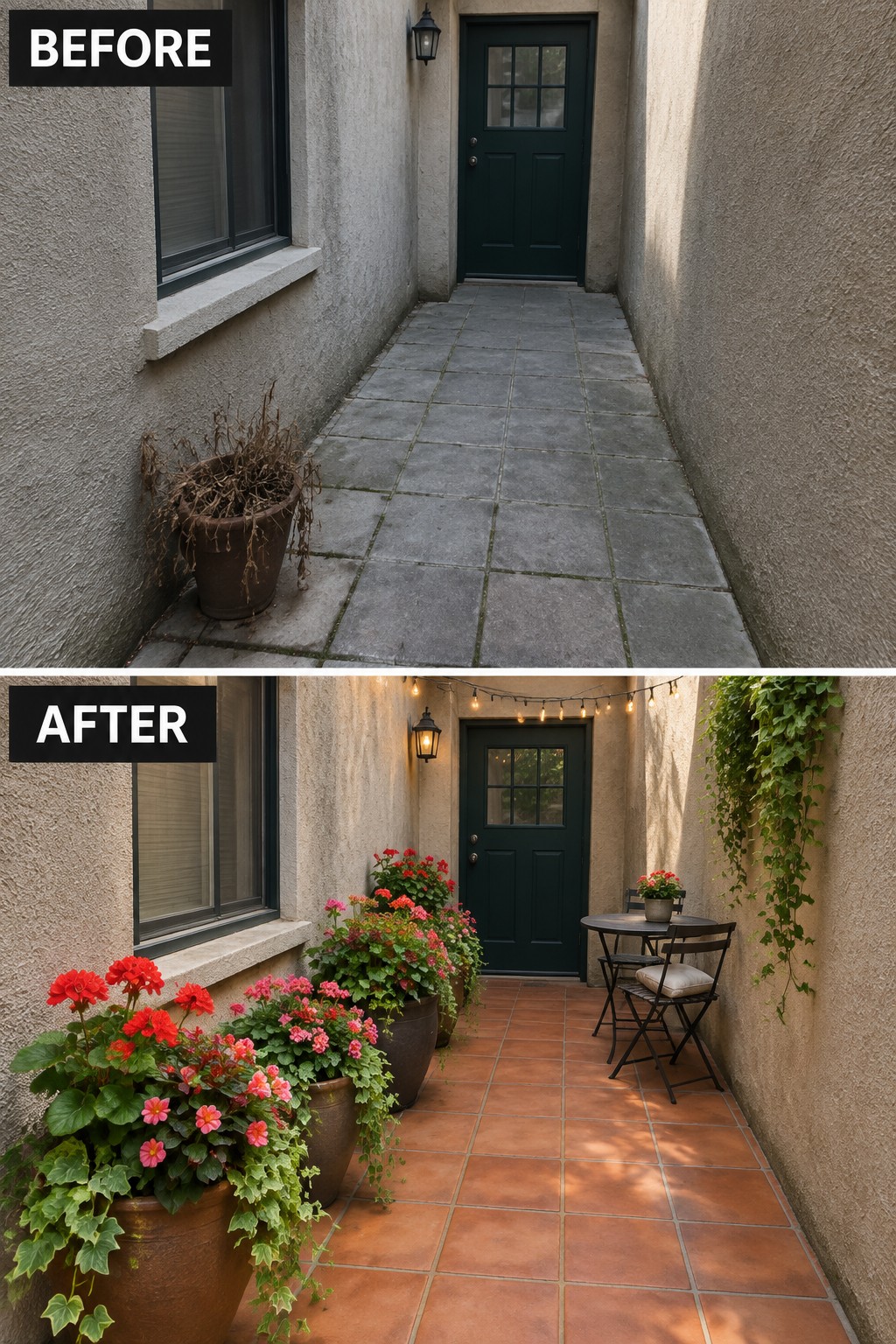 Before and after of narrow patio with potted red flowers, lights, and bistro set.