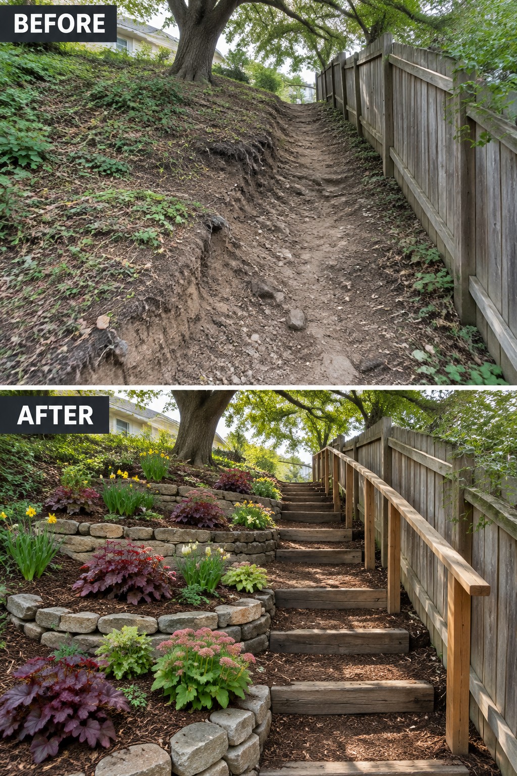 Before eroded hillside path and after with wooden stairs, stone walls and flowers
