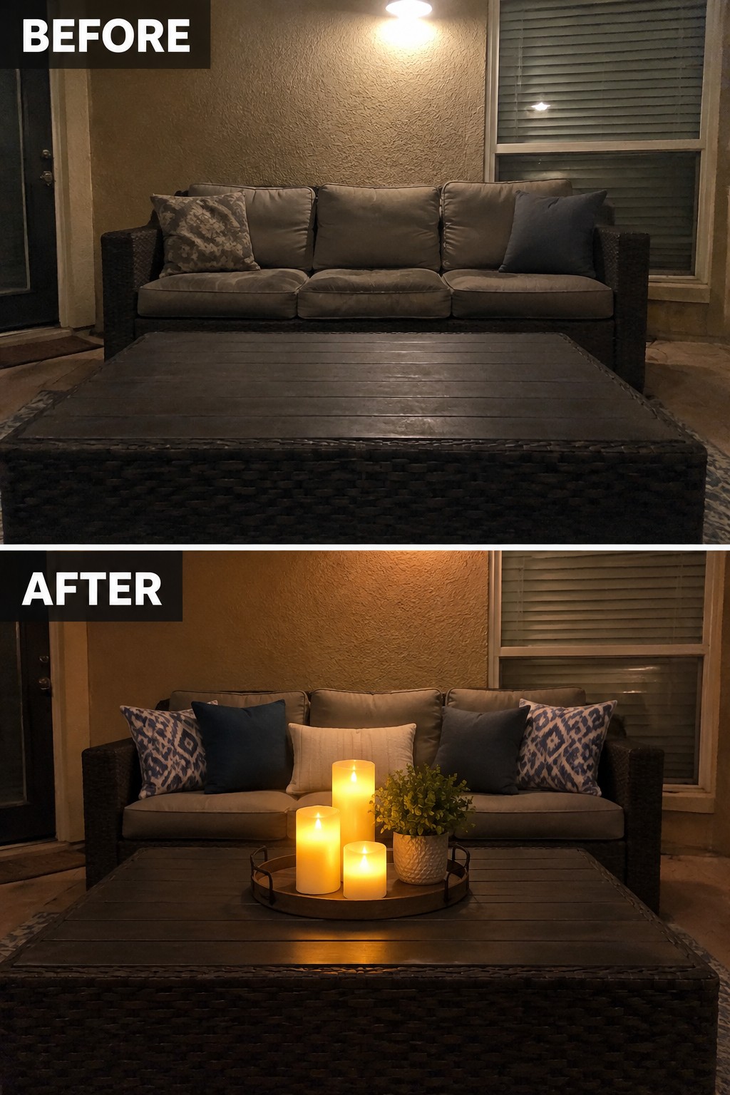Before-after patio sofa with added patterned pillows, candles, and plant on tray
