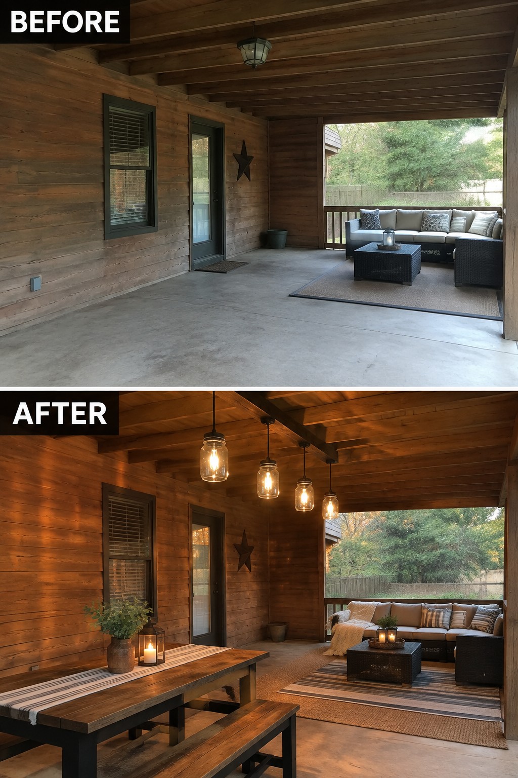 Before and after of rustic wooden porch with new table, lights, and decor.