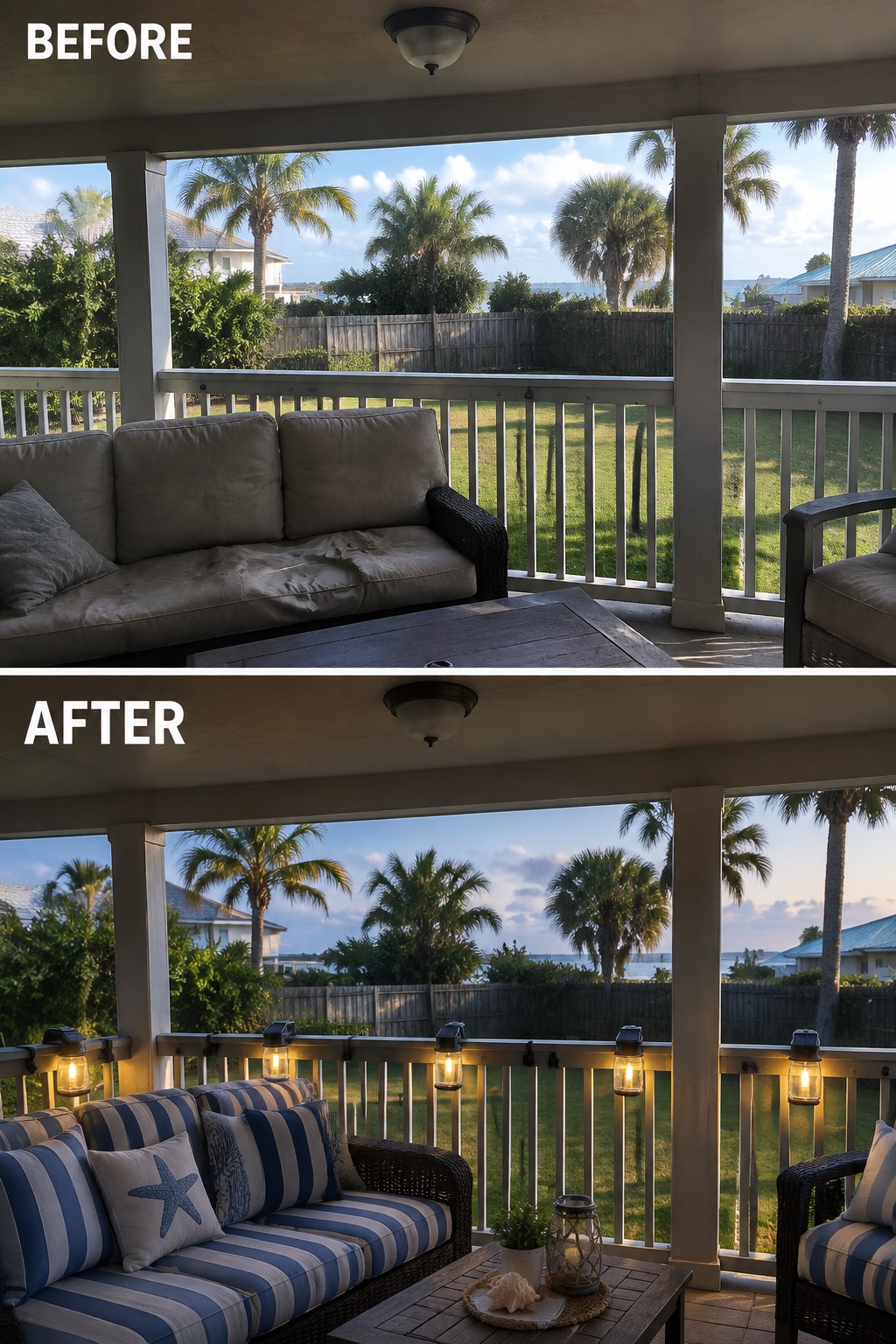 Before-and-after image of a covered patio updated with lanterns along the railing for evening lighting.