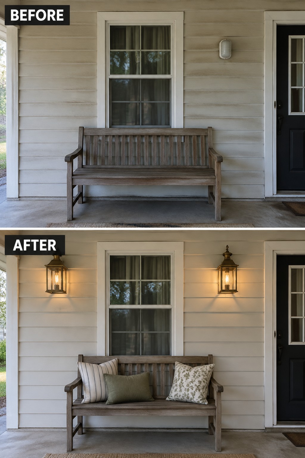 Before-and-after image of a covered porch with a wooden bench, updated by adding two wall lanterns and pillows.