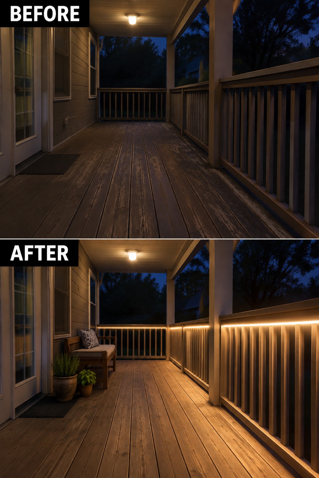 Before and after of wooden porch with added warm LED railing lights and bench