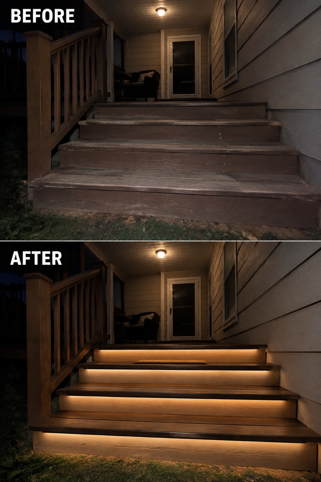 Before-and-after image of wooden porch stairs with added warm under-tread LED lighting.