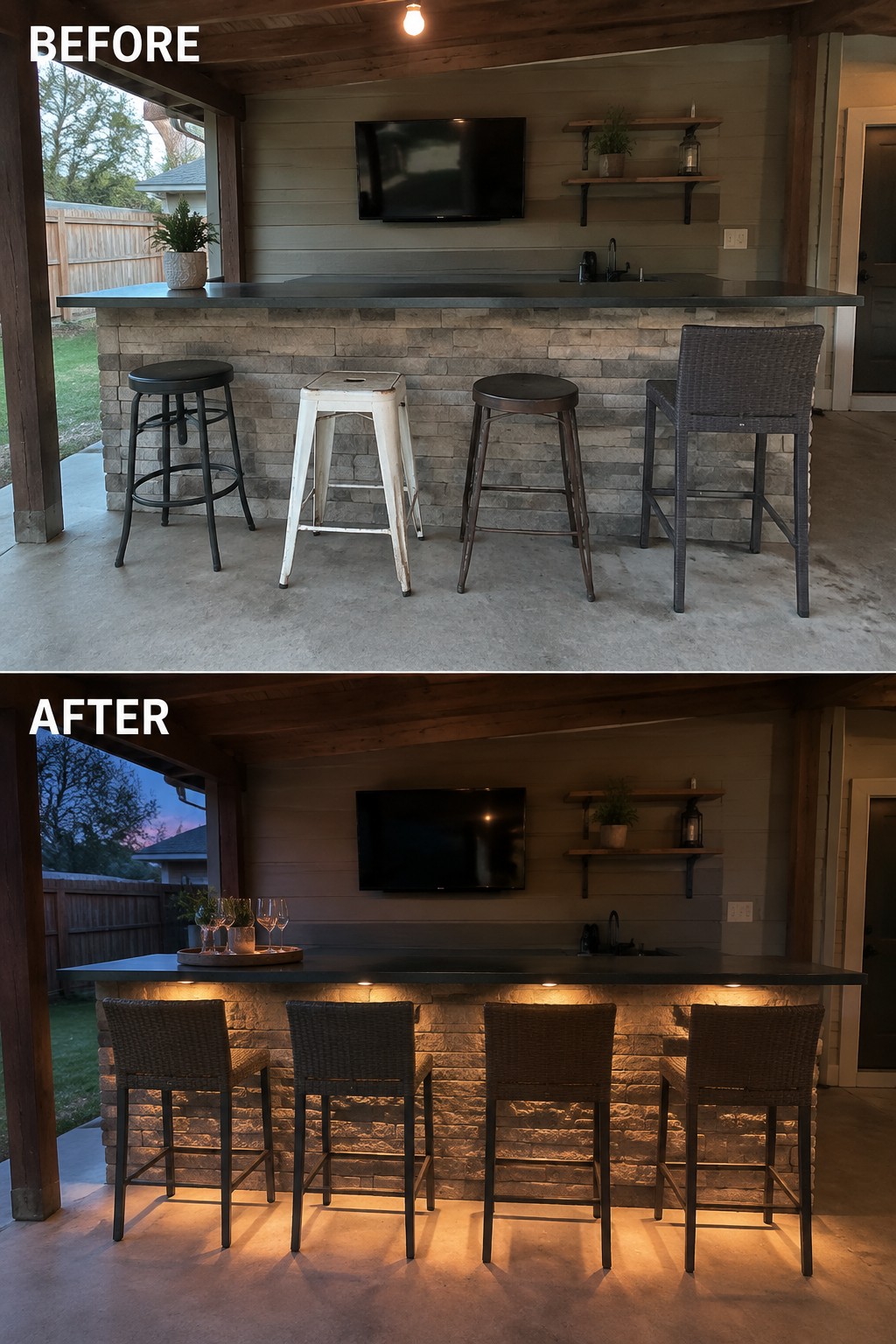 Before-and-after image of a covered patio bar showing mismatched stools and one overhead bulb changed to matching wicker stools with warm under-counter lighting.