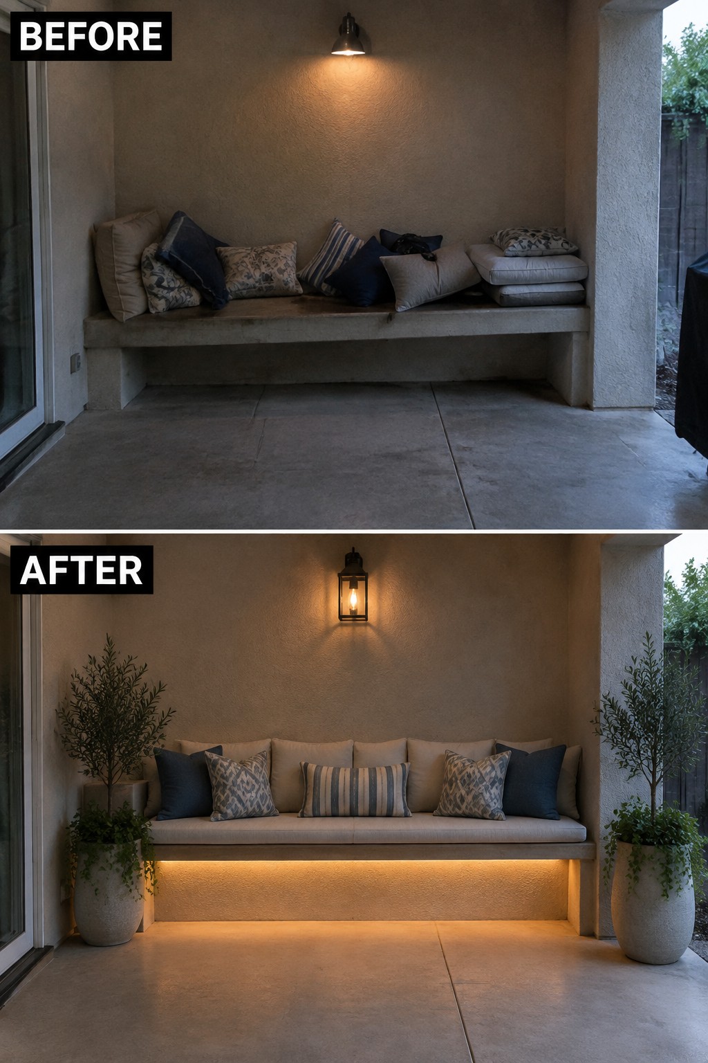 Before and after of outdoor bench with pillows, cushions, potted plants, and warm lighting.