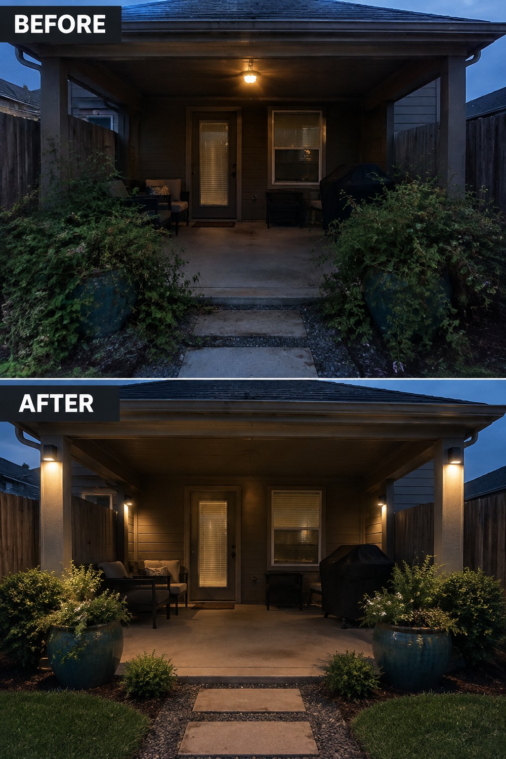 Before-and-after image of a covered patio showing the addition of multiple wall-mounted lights on the posts and siding.
