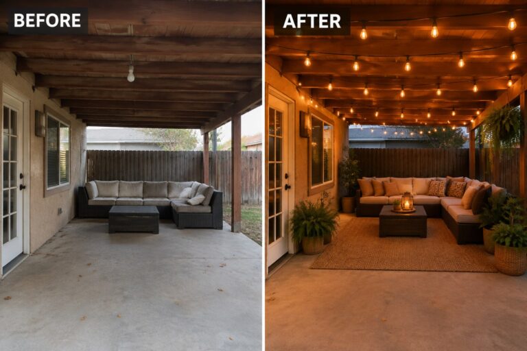 Before and after covered patio with string lights, rug, pillows and plants