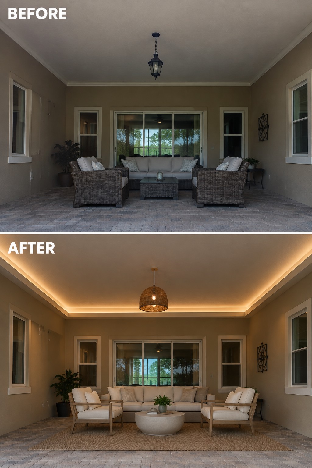 Before and after of a patio with modern furniture, rug, and cove lighting.