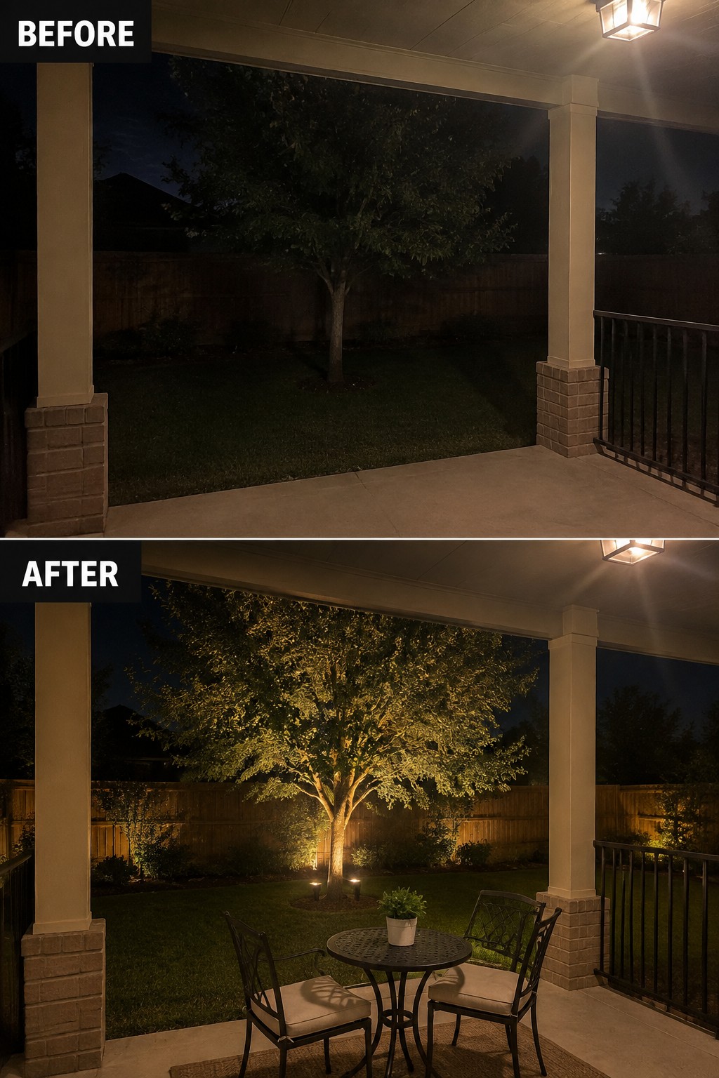 Before-and-after patio at night: dark scene versus tree lit with added table and chairs.