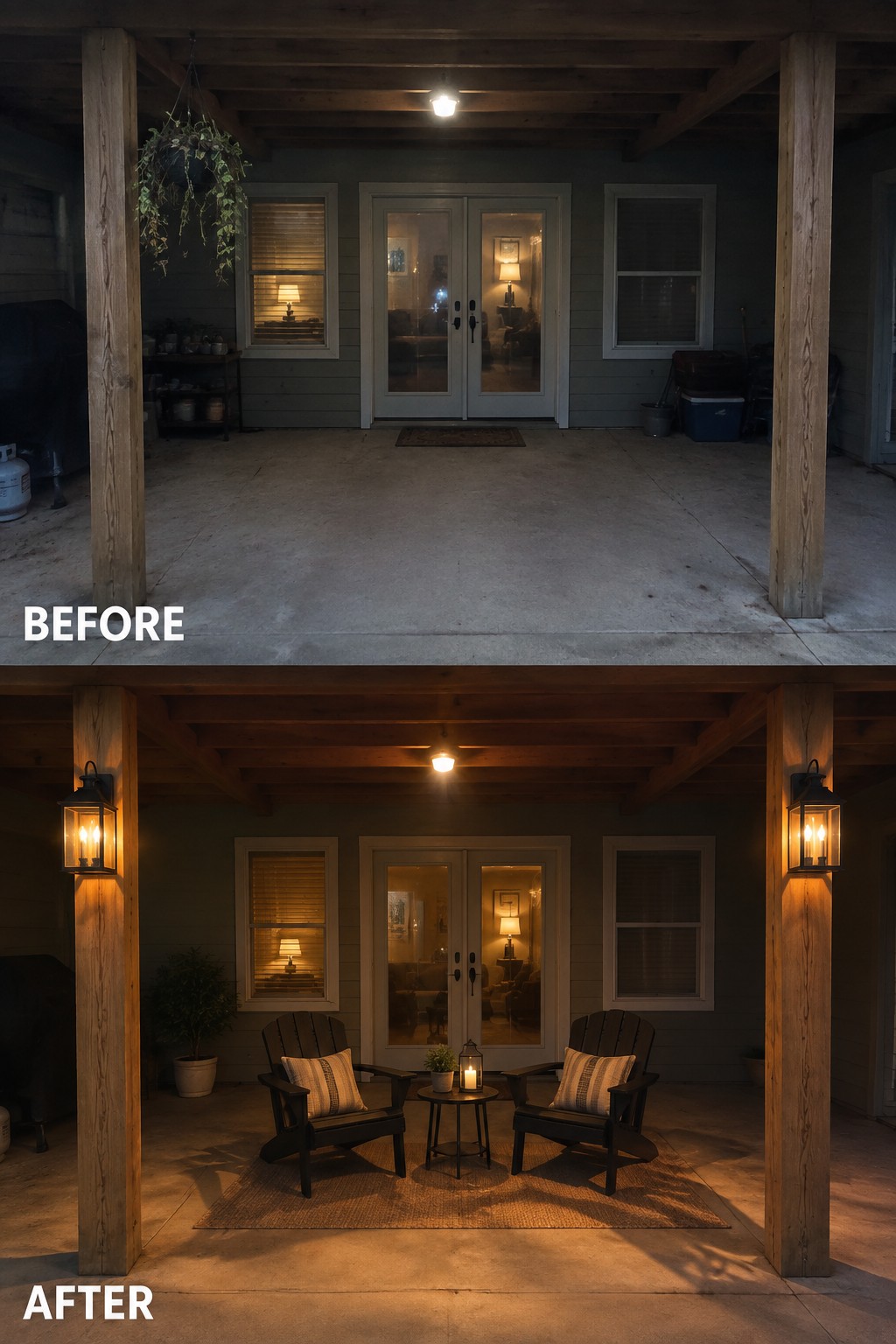 Before and after of porch with added Adirondack chairs, rug, and warm lanterns.