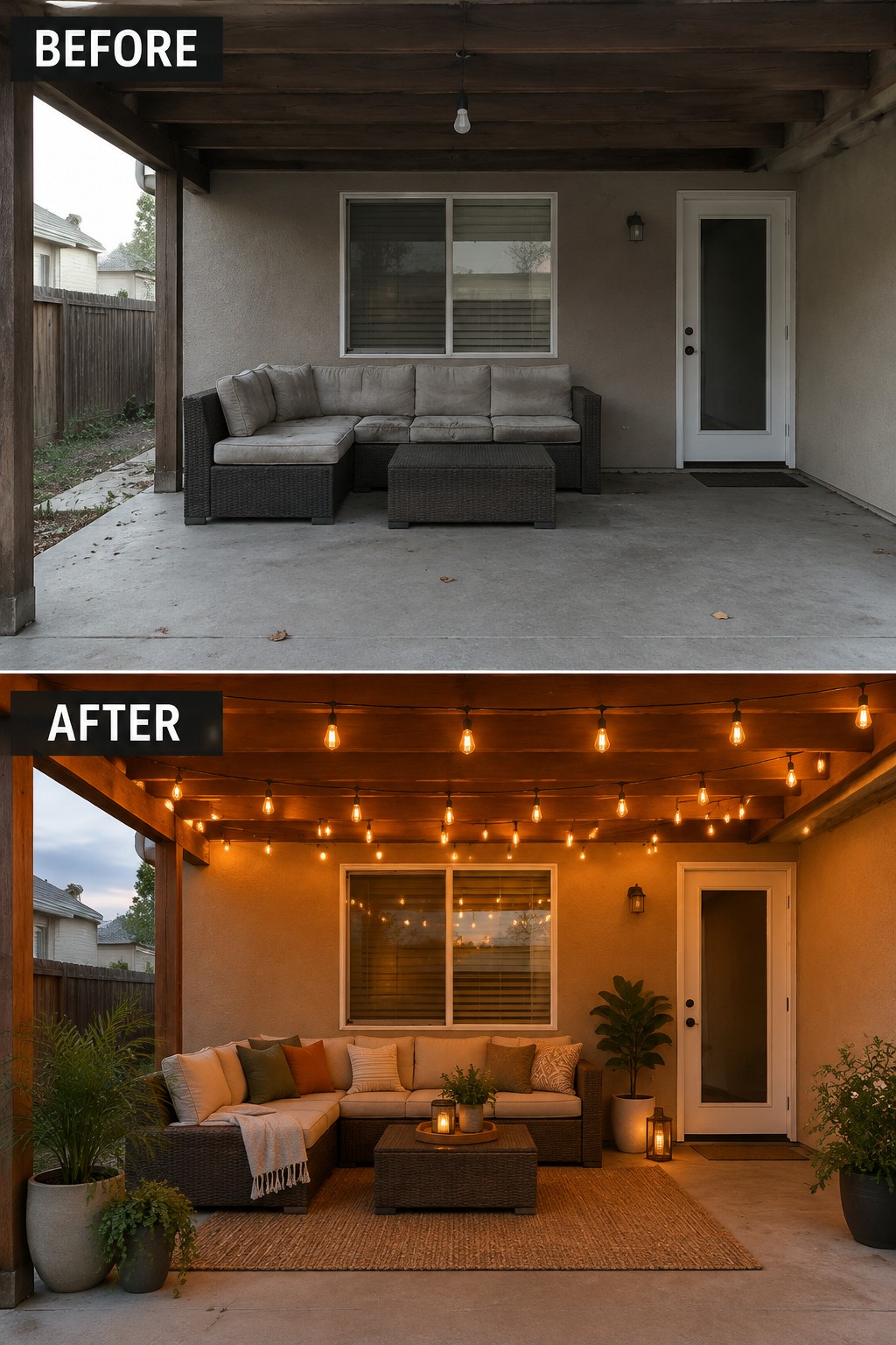Before and after covered patio with string lights, rug, pillows and plants