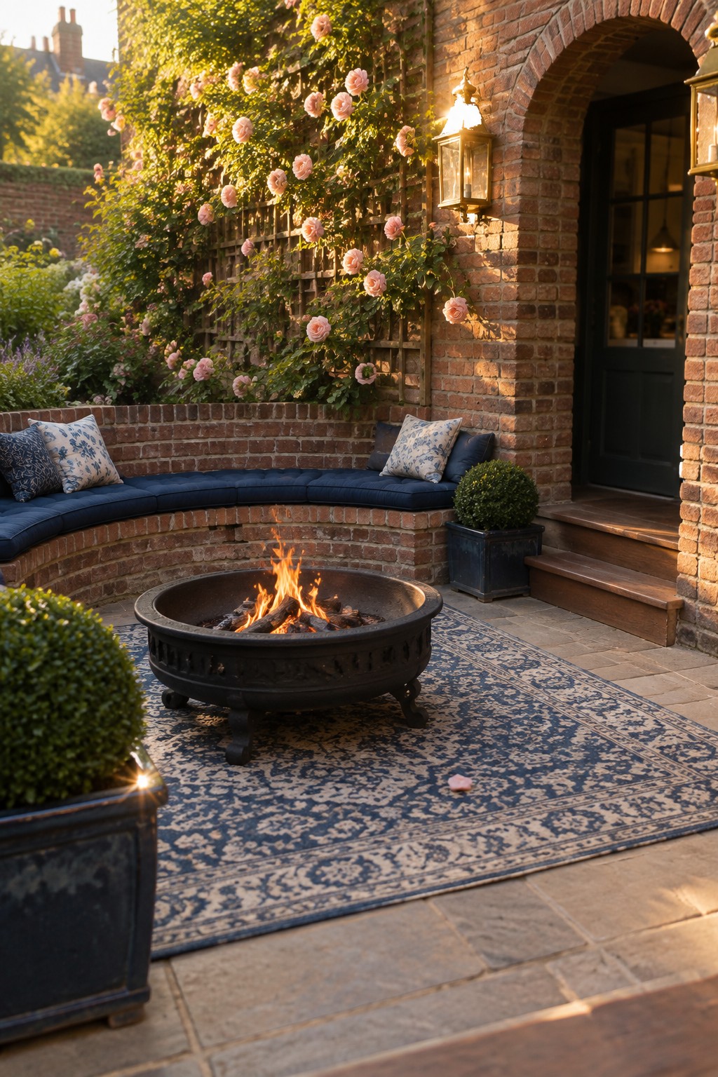 A brick patio features a curved built-in bench with blue cushions around a central fire pit on a patterned rug, with climbing roses on a trellis against the wall.