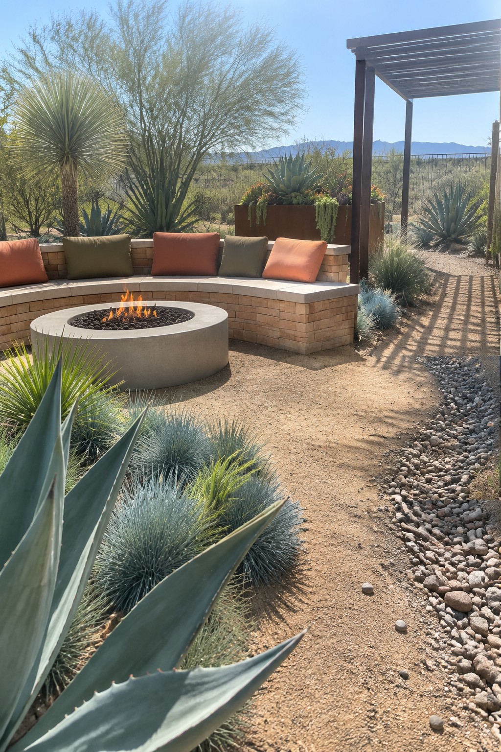 A round concrete fire pit with a curved built-in bench and cushions sits in a desert-style backyard with gravel paths and native plants.